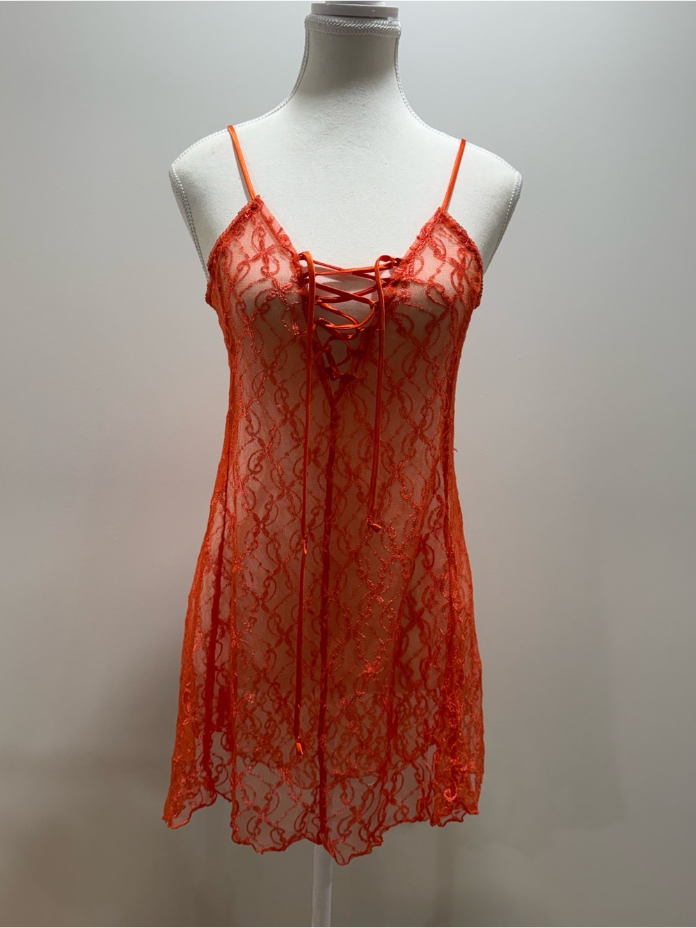 Orange Lace Slip Mini Dress with Lace-Up Front